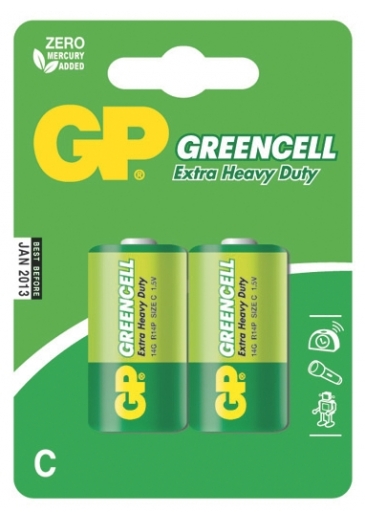 Baterie zinkochloridová GP Greencell C, R14, blistr 2ks